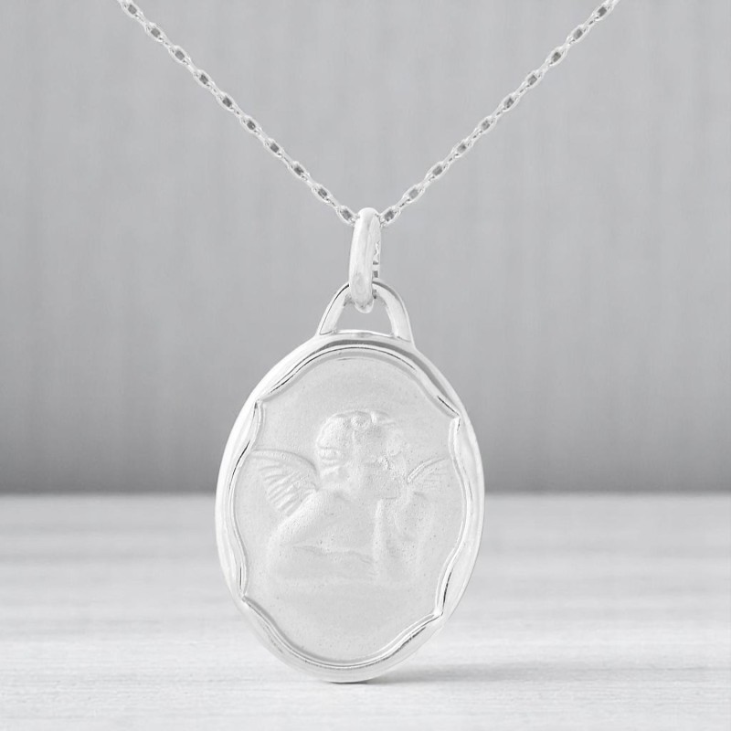 Collier médaille ange baptême Argent 925 Rhodié