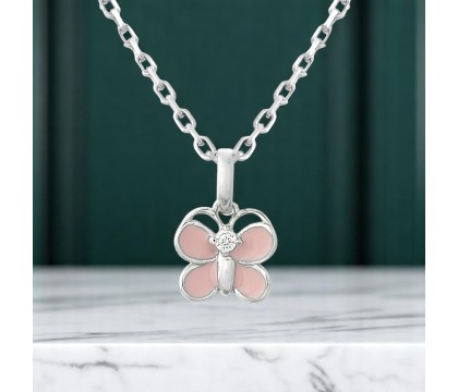 Collier papillon émail rose et oxyde de zirconium Argent 925 Rhodié