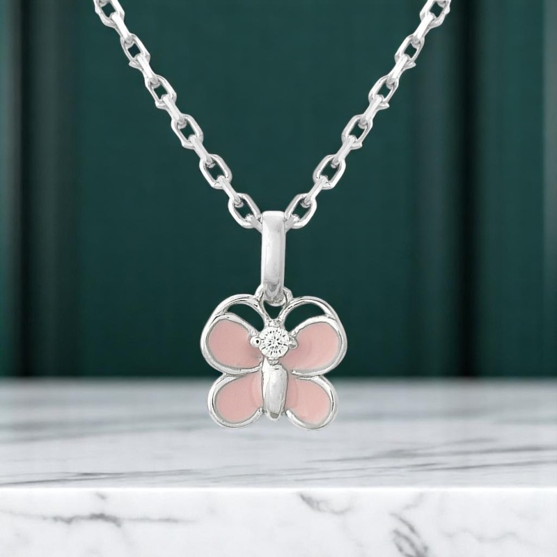 Collier papillon émail rose et oxyde de zirconium Argent 925 Rhodié