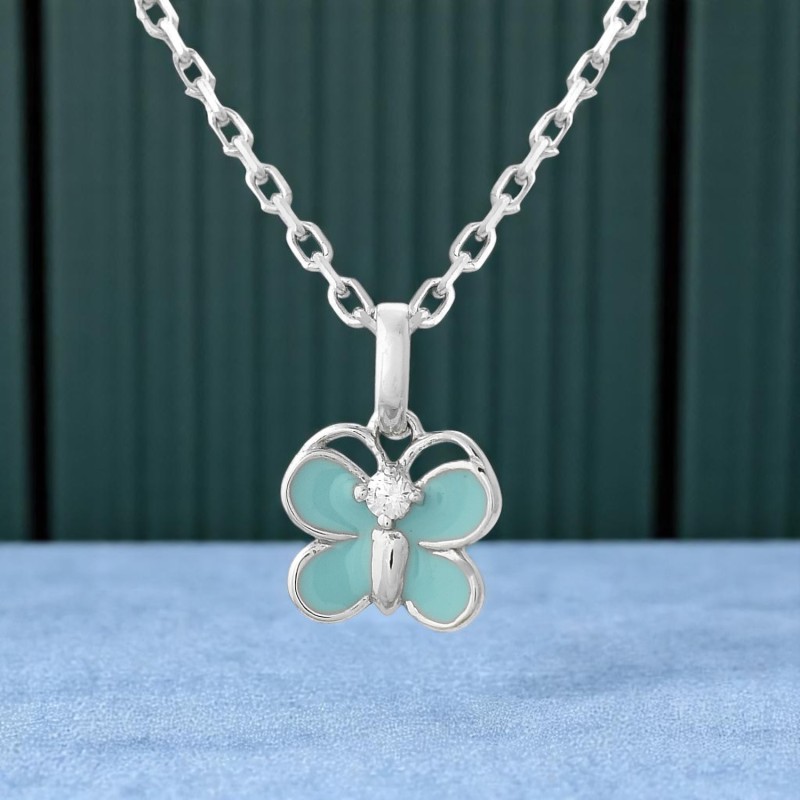 Collier papillon émail bleu turquoise et oxyde de zirconium Argent 925 Rhodié