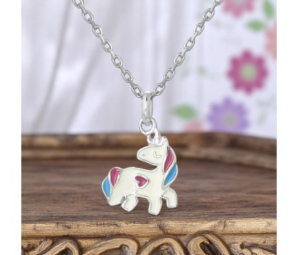 Collier licorne coeur émail coloré Argent 925 Rhodié
