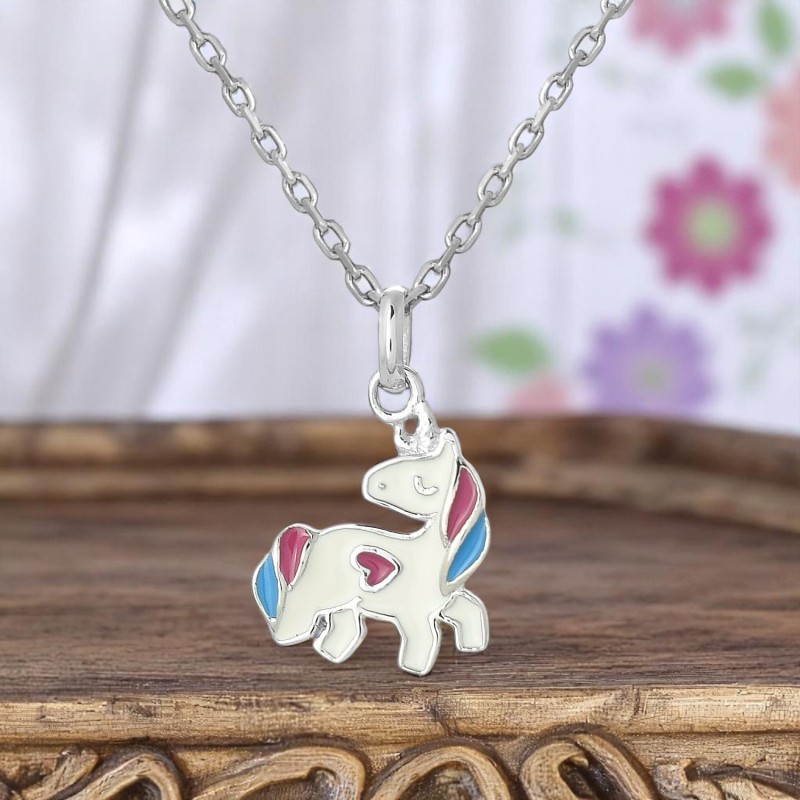 Collier licorne coeur émail coloré Argent 925 Rhodié