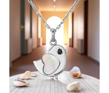 Collier oiseau coeur de nacre oeil oxyde de zirconium noir Argent 925 Rhodié