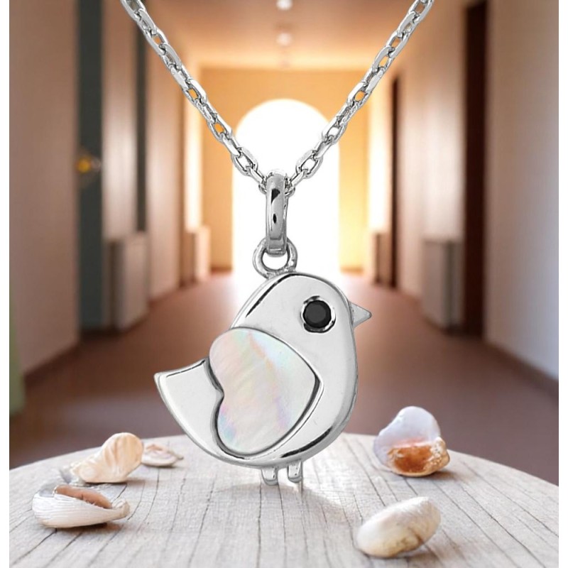 Collier oiseau coeur de nacre oeil oxyde de zirconium noir Argent 925 Rhodié