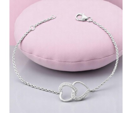 Bracelet 2 coeurs superposés sertis d'oxydes de zirconium Argent 925 Rhodié