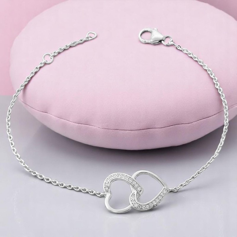 Bracelet 2 coeurs superposés sertis d'oxydes de zirconium Argent 925 Rhodié