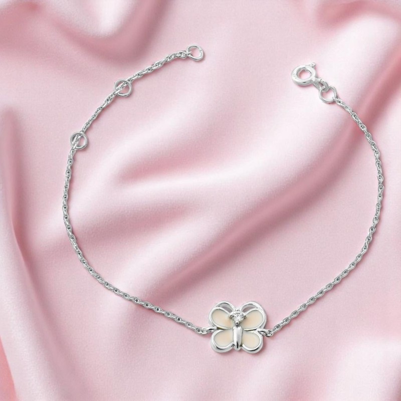Bracelet papillon émail rose et oxyde de zirconium Argent 925 Rhodié