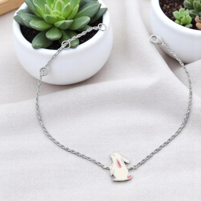 Bracelet lapin émail blanc et rose Argent 925 Rhodié