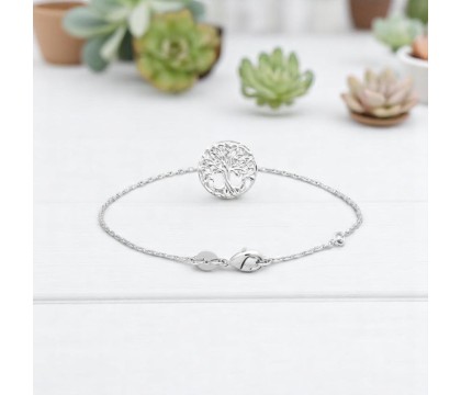 Bracelet arbre de vie à feuilles médaille ronde Argent 925 Rhodié