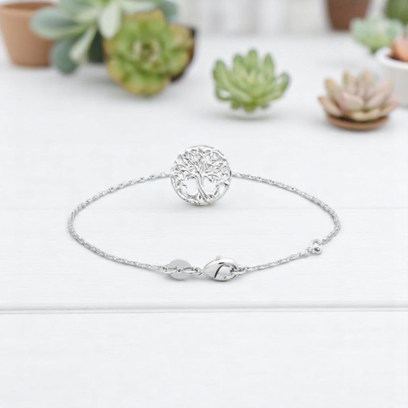 Bracelet arbre de vie à feuilles médaille ronde Argent 925 Rhodié