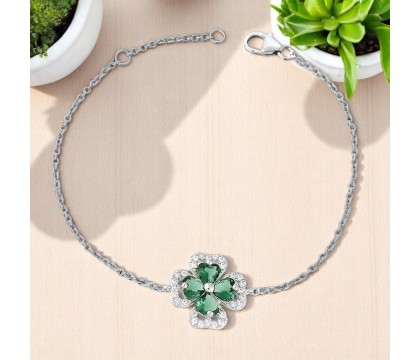 Bracelet trèfle de coeurs oxydes de zirconium verts Argent 925 Rhodié