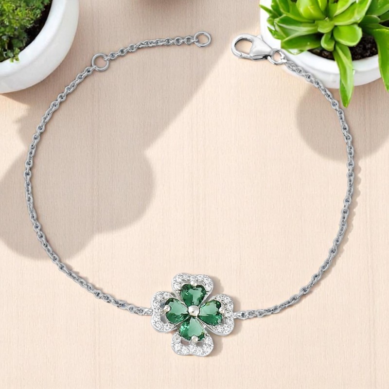 Bracelet trèfle de coeurs oxydes de zirconium verts Argent 925 Rhodié