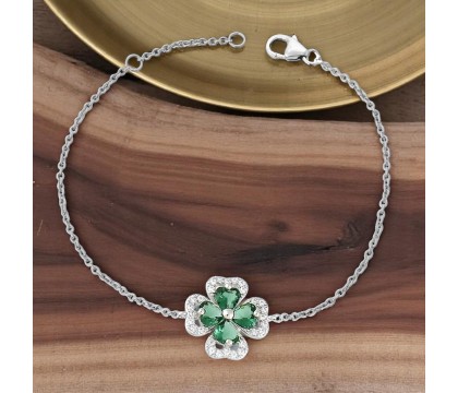 Bracelet trèfle de coeurs oxydes de zirconium verts Argent 925 Rhodié