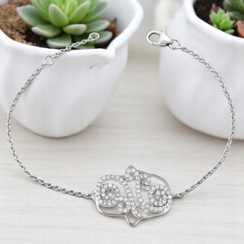 Bracelet main de Fatma arabesque d'oxydes de zirconiums Argent 925 Rhodié