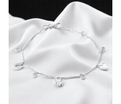Bracelet porte bonheur chance coeur trèfle fer à cheval et oxydes de zirconiums Argent 925 Rhodié