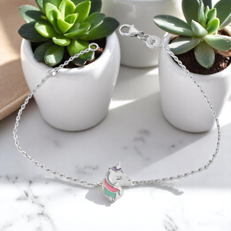 Bracelet tête de licorne émail coloré Argent 925 Rhodié