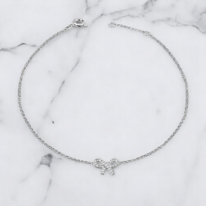 Chaîne de cheville noeud papillon d'oxydes de zirconium Argent 925 Rhodié