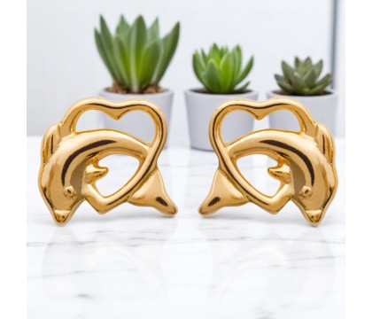 Boucles d'oreilles dauphin dans un coeur ajouré Plaqué OR 750 3 microns