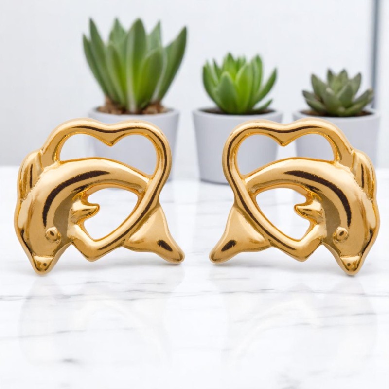Boucles d'oreilles dauphin dans un coeur ajouré Plaqué OR 750 3 microns