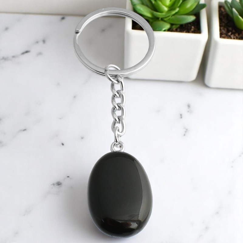 Porte-clés pierre naturelle Obsidienne noire argenté