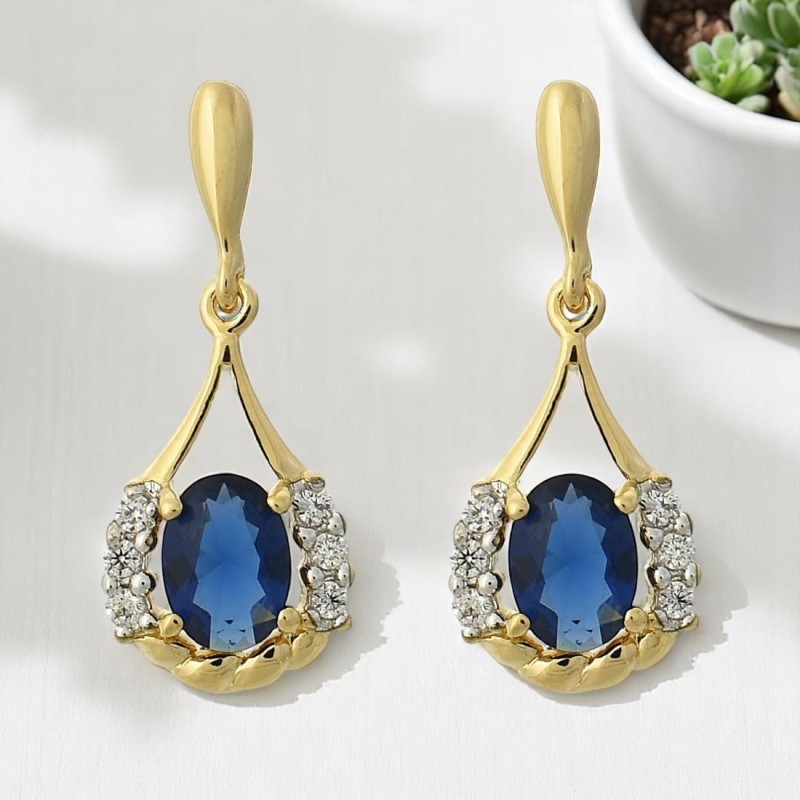 Boucles d'oreilles goutte oxyde de zirconium bleu roi Plaqué OR 750 3 microns 2 tons