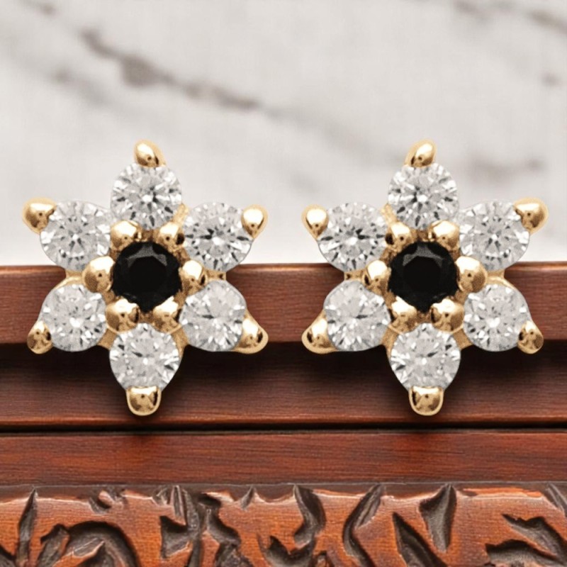 Boucles d'oreilles fleur d'oxyde de zirconium blancs et noir Plaqué OR 750 3 microns