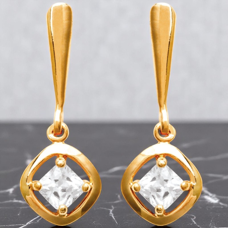 Boucles d'oreilles pendantes losange d'oxyde de zirconium Plaqué OR 750 3 microns
