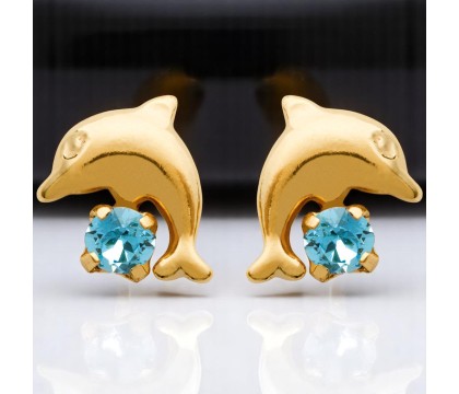 Boucles d'oreilles dauphin cristal bleu turquoise Plaqué OR 750 3 microns