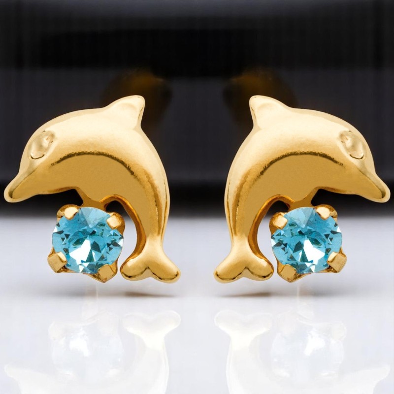Boucles d'oreilles dauphin cristal bleu turquoise Plaqué OR 750 3 microns