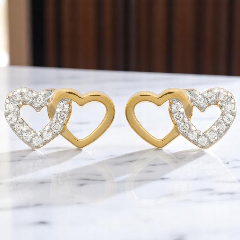 Boucles d'oreilles 2 coeurs enlacés oxyde de zirconium Plaqué OR 750 3 microns 2 tons