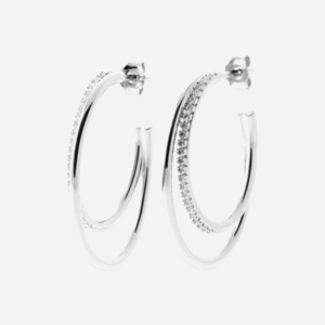 Créoles argent 925 rhodié 2 rangs oxydes de zirconium 3 cm - Vue principale double éclat