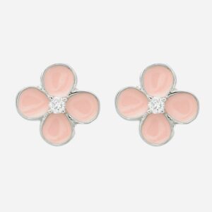 Boucles d'oreilles fleur émail rose oxyde zirconium enfant argent 925 rhodié délicates printanières