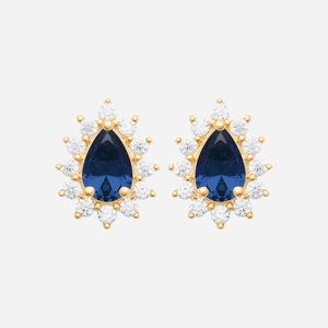 Boucles goutte bleues plaqué or 750 style fleur oxyde zirconium - Vue principale pierre bleue profonde