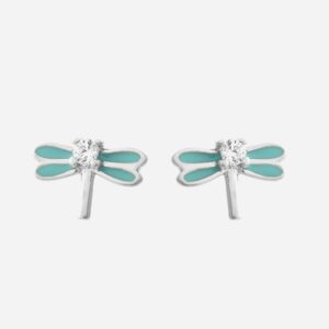 Boucles d'oreilles libellule émail bleu turquoise zirconium enfant argent 925 rhodié féeriques