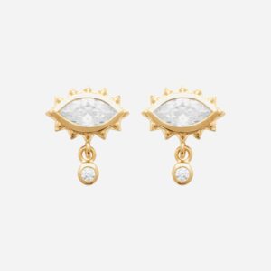 Boucles oreilles oeil plaqué or 750 oxyde zirconium pendant rond - Vue principale élégance mystère