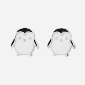 Boucles d'oreilles pingouin émail coloré blanc et noir enfant argent 925 rhodié mignonnes