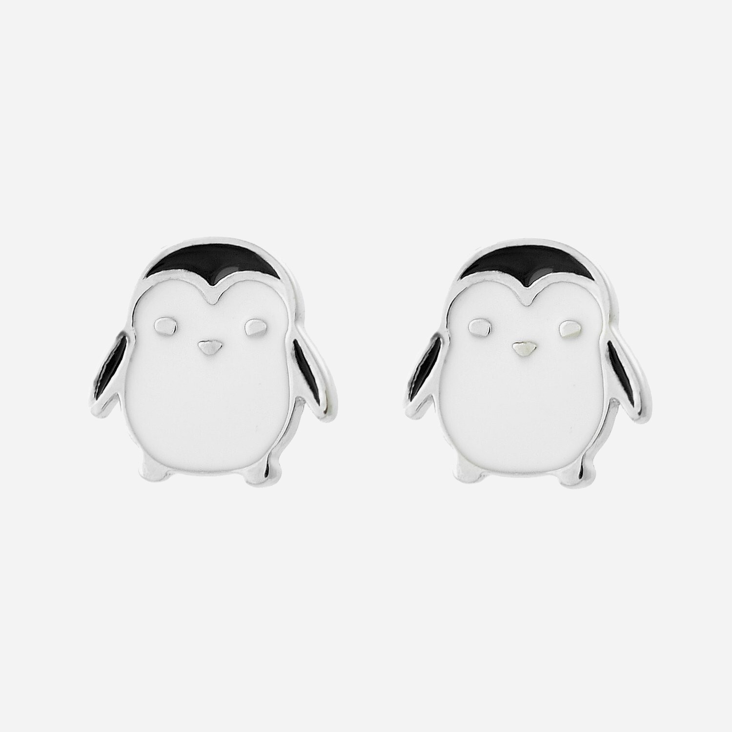 Boucles d'oreilles pingouin émail coloré blanc et noir enfant argent 925 rhodié mignonnes