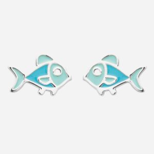 Boucles oreilles poisson enfant émail coloré bleu argent 925 rhodié aventures marines