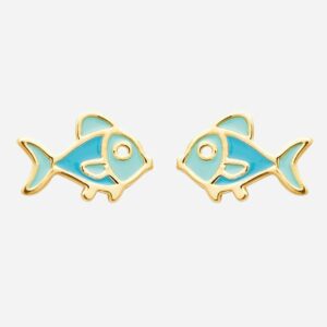 Boucles oreilles poisson enfant émail coloré bleu plaqué or 750 aventures marines