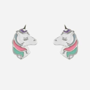 Boucles d'oreilles tête de licorne émail coloré enfant argent 925 rhodié magiques