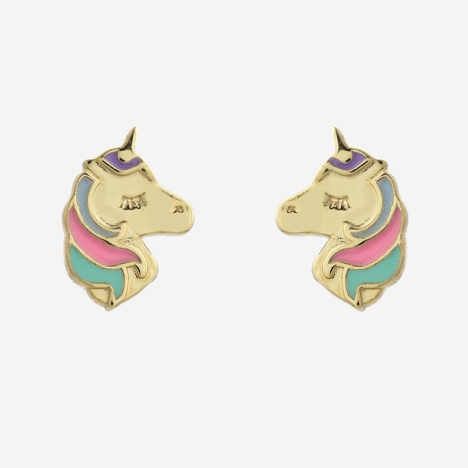 Boucles oreilles tête licorne plaqué or 3 microns émail enfant