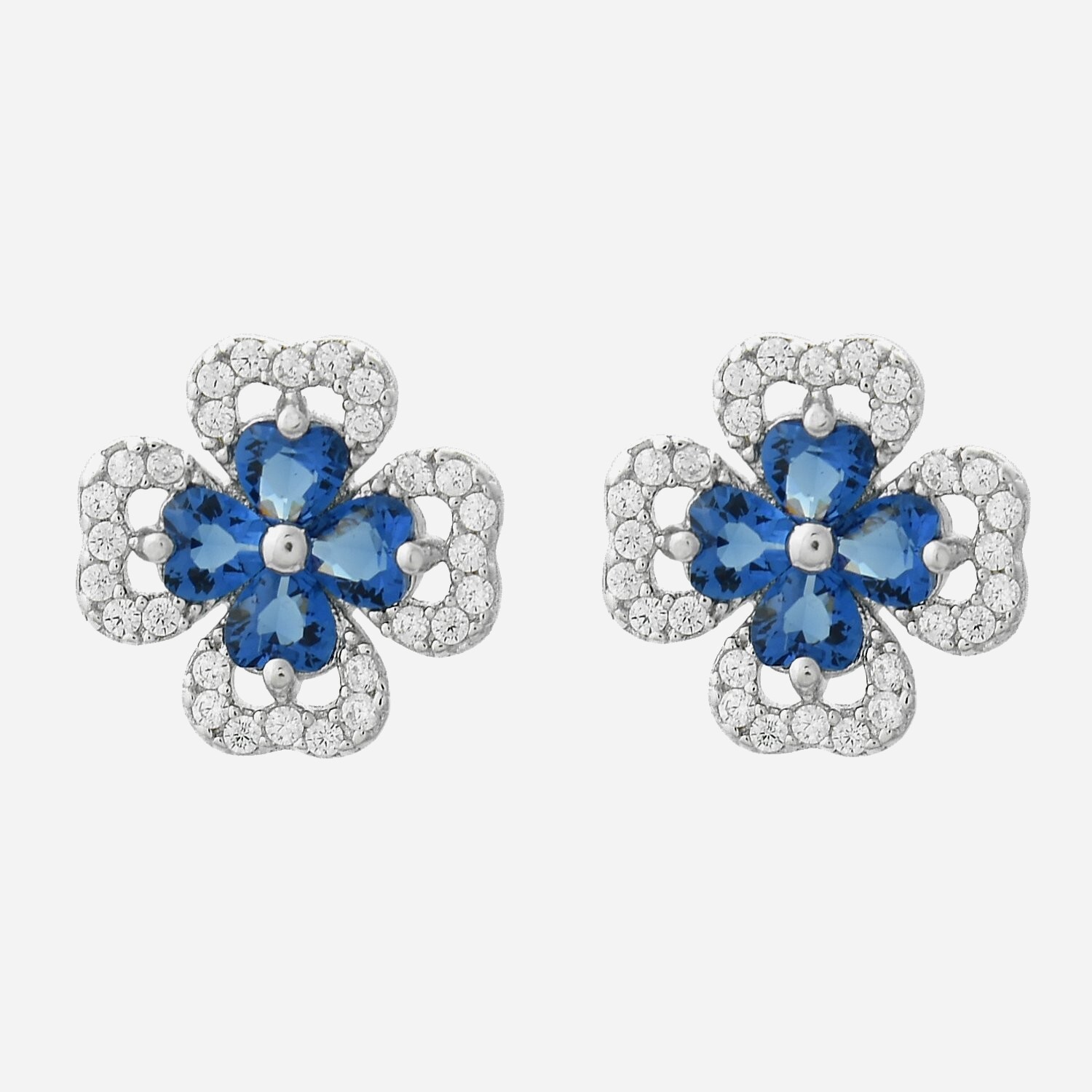 Boucles oreilles trèfle cœurs argent 925 zirconium bleu roi