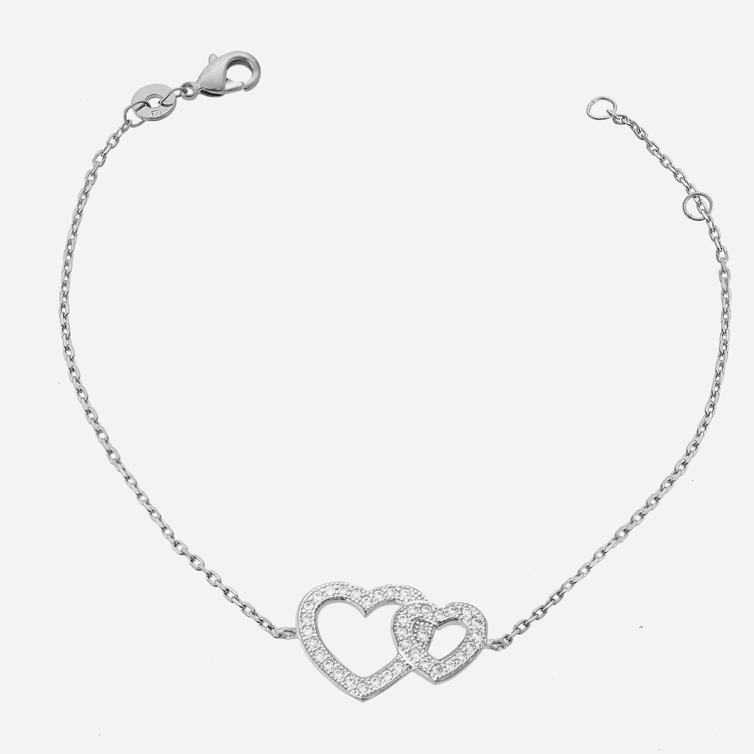 Bracelet 2 coeurs argent 925 rhodié oxyde zirconium 2 tailles - Vue principale symbole amour vie