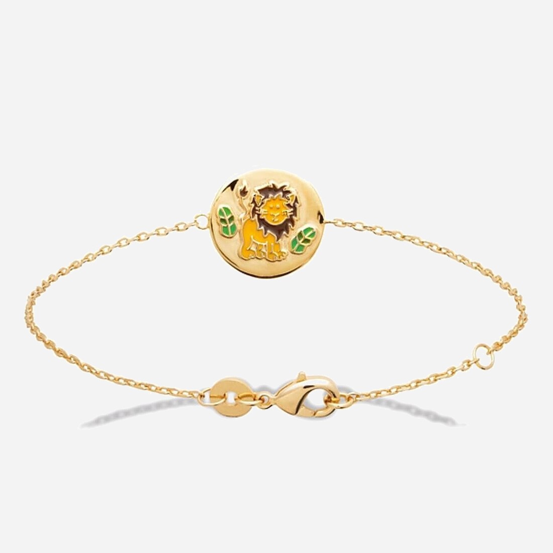 Bracelet lion plaqué or 750 émail coloré feuilles - Vue principale médaille ronde enfant