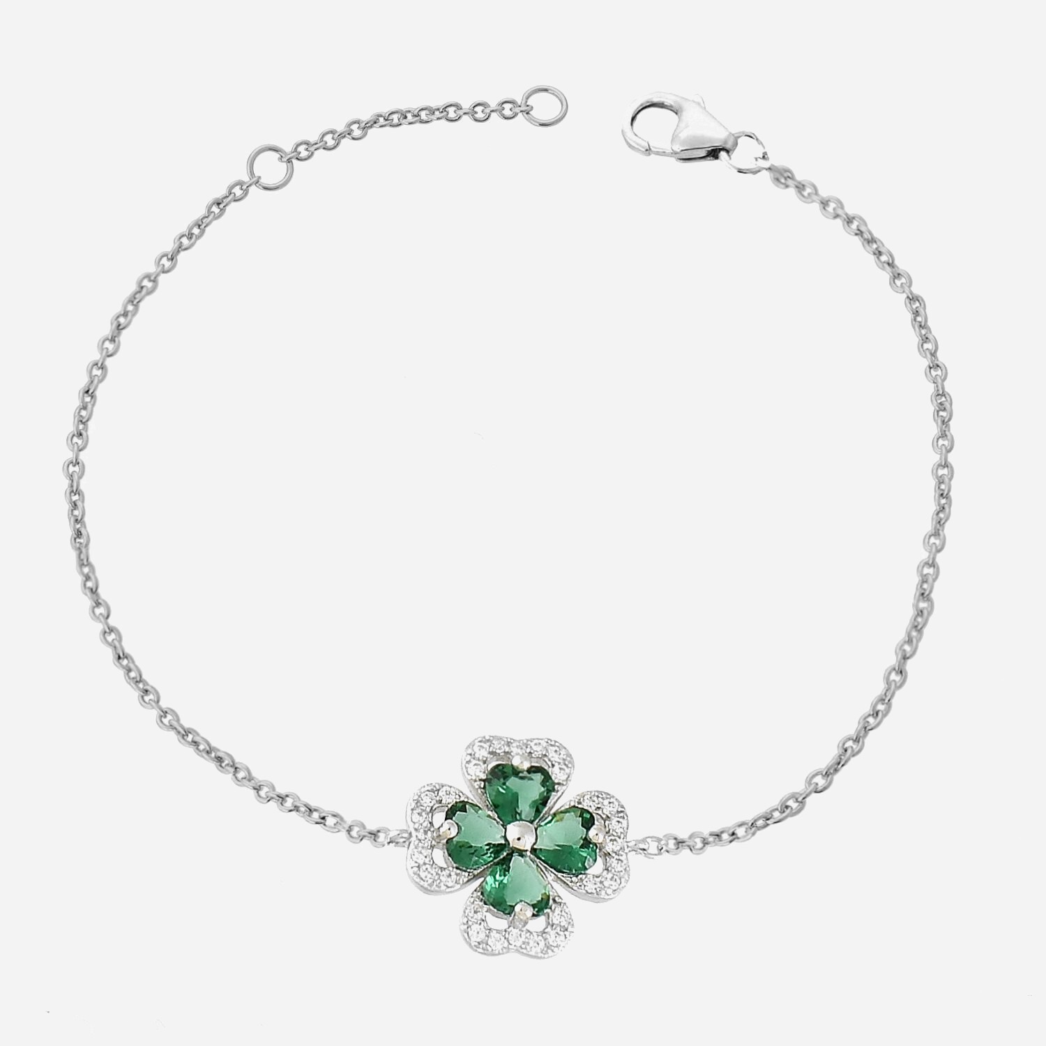 Bracelet trèfle coeurs argent 925 rhodié oxyde zirconium vert - Vue principale porte-bonheur