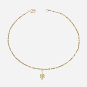 Chaîne de cheville petite feuille sertie zirconium plaqué or 3 microns botanique