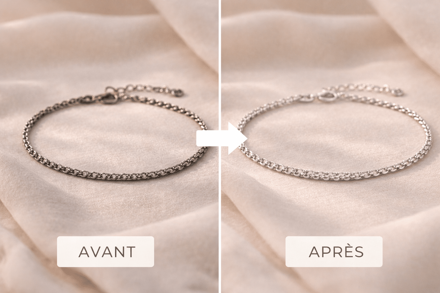Bijou argent 925 oxydé et noirci : comparaison avant après nettoyage entretien