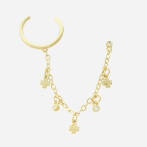 Clip oreille ear cuff trèfles plaqué or 3 microns chaînette zirconium