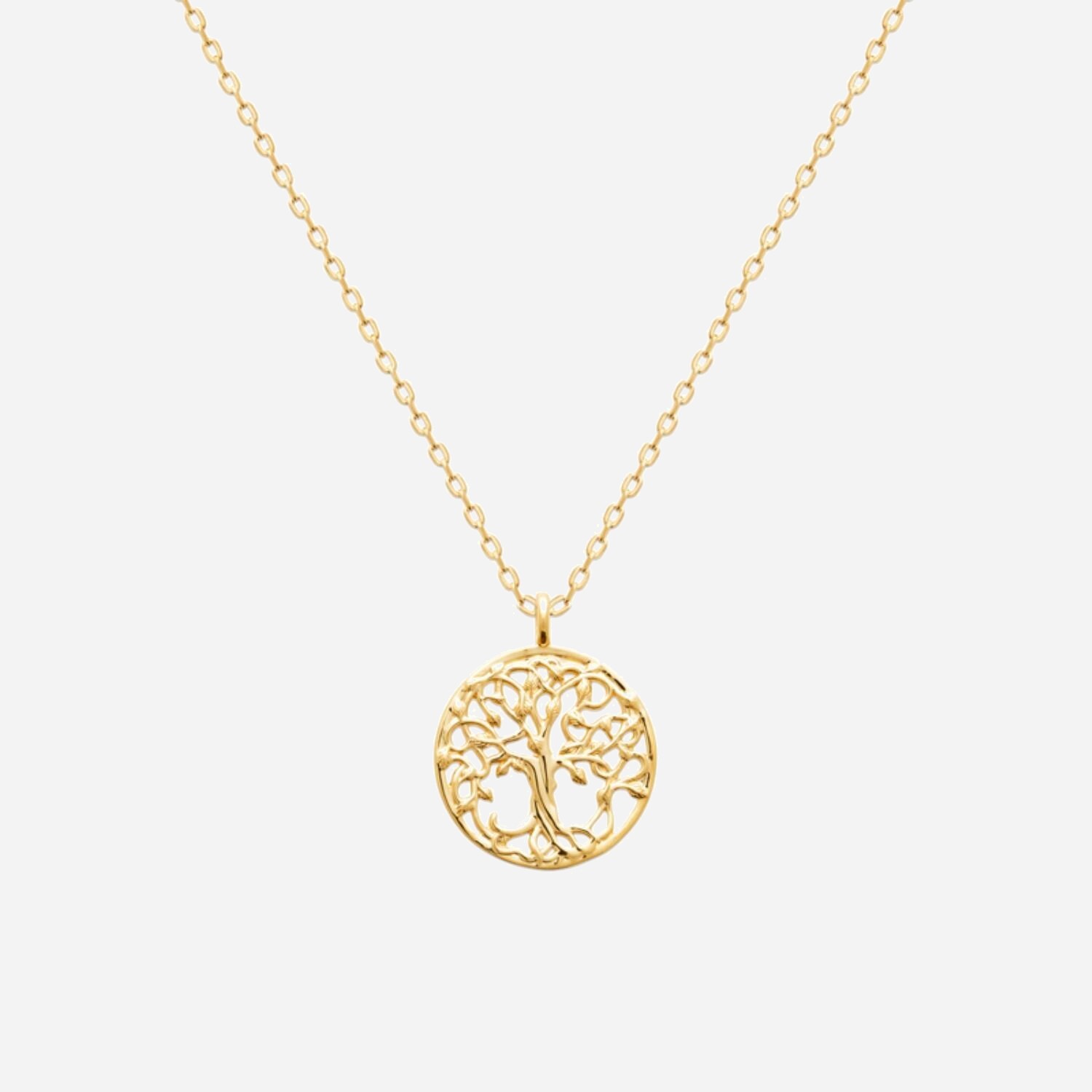 Collier arbre de vie plaqué or 750 médaille ronde feuilles symbole universel