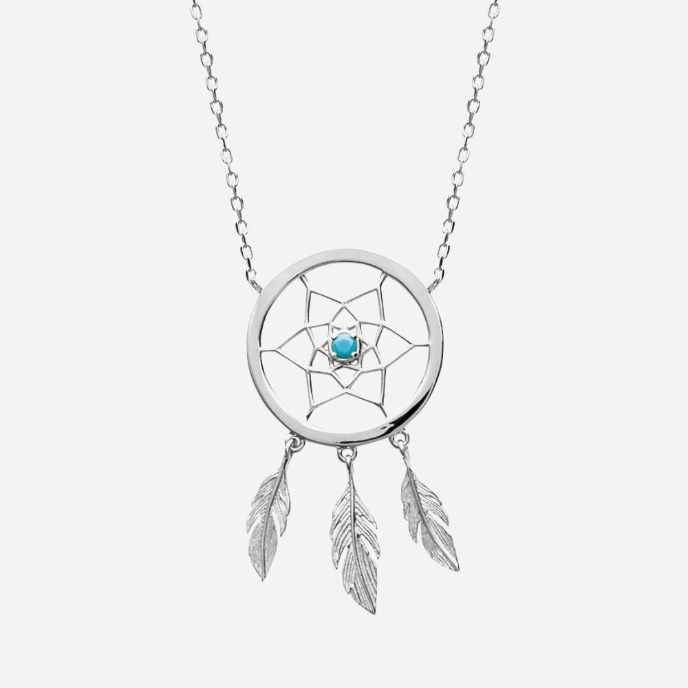 Collier attrape rêve argent 925 rhodié perle turquoise - Vue principale amulette protection porte-bonheur